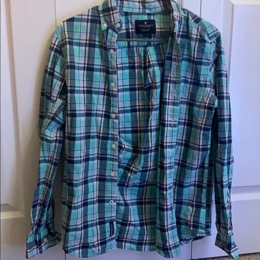 blue button down shirt